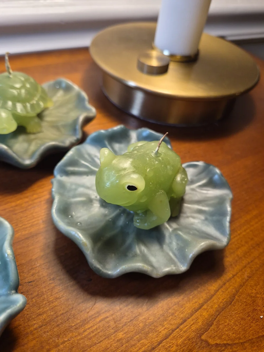 2 Green Turtles & 2  Frogs  Candles on A Green Leaf Set Of Four Total